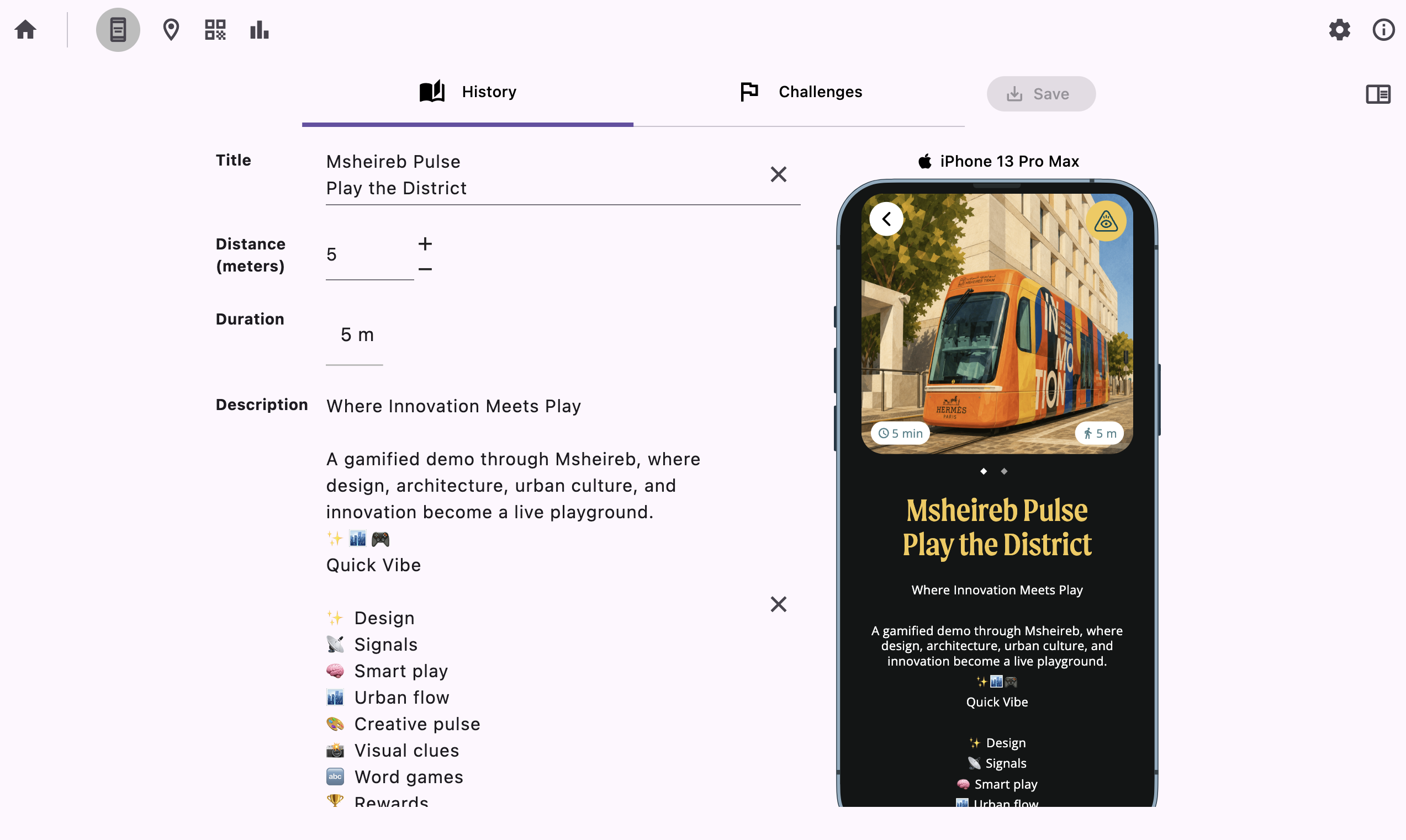 CREXGA editor showing history setup, challenge tools and an iPhone preview of Msheireb Pulse